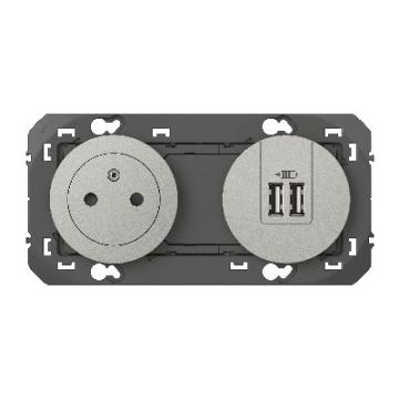  2P+T CHARGEUR USB 2POSTES ALU 