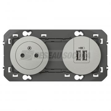  2P+T CHARGEUR USB 2POSTES ALU 